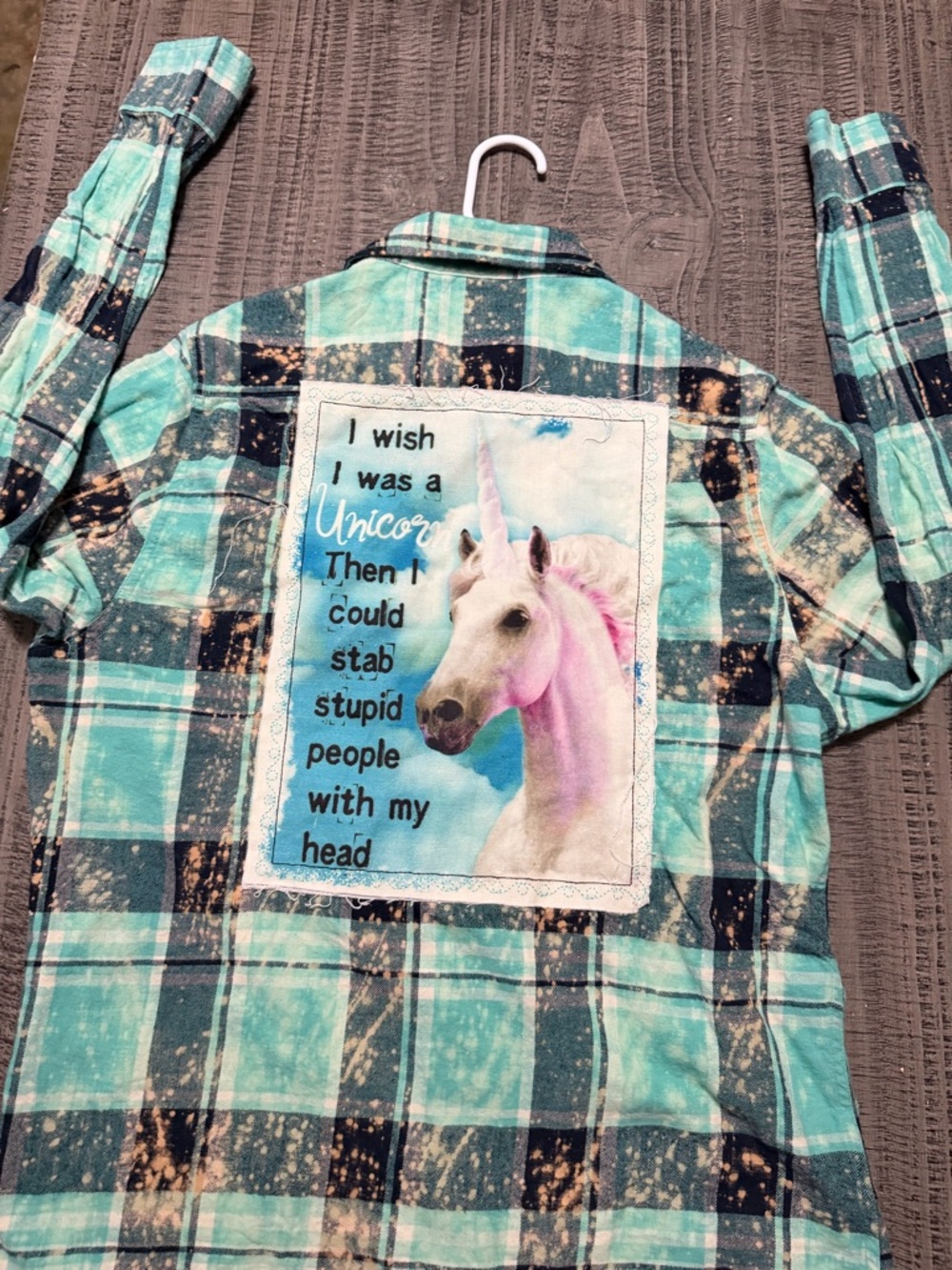 Angry Minnow Teal Plaid Button-Down Shirt Unicorn & Phrase on Back - Picture 11 of 12